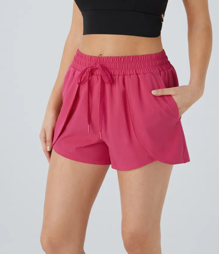 Mid Rise Drawstring Side Pocket 2-in-1 Yoga Shorts - PURE-YOGA