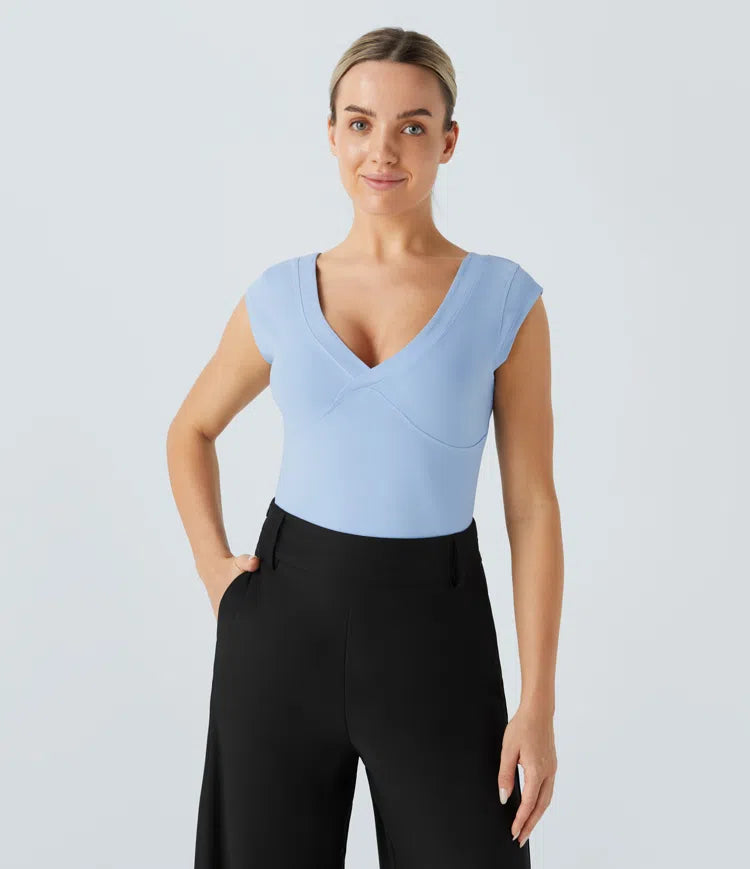 V Neck Cap Sleeve Slim Casual Sports Top - PURE-YOGA