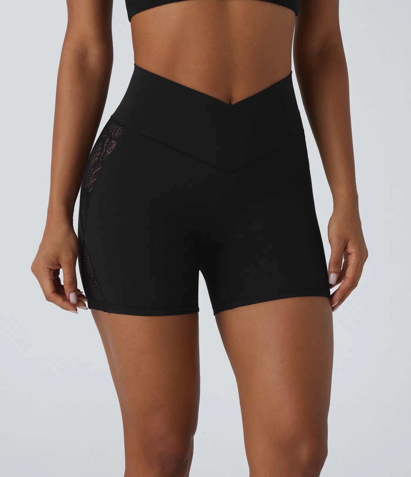 Softlyzero™ High Waisted Crossover Contrast Lace Back Pocket Yoga Biker Shorts 5''-UPF50+ - PURE-YOGA
