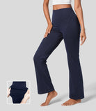 Pure-Yoga Flex™ Mid Rise Back Side Pocket Stretchy Knit Denim Casual Bootcut Leggings - PURE-YOGA