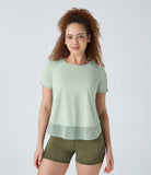 Contrast Mesh Crossover Hem Yoga Sports Top - PURE-YOGA