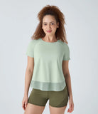 Contrast Mesh Crossover Hem Yoga Sports Top - PURE-YOGA