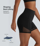 Pure-Yoga UltraSculpt™ SoCinched High Waisted Tummy Control Butt Lifting Side Pocket Contrast Mesh Shaping Workout Biker Shorts 5'' - PURE-YOGA