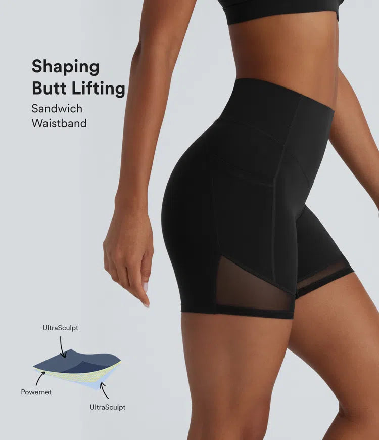 Pure-Yoga UltraSculpt™ SoCinched High Waisted Tummy Control Butt Lifting Side Pocket Contrast Mesh Shaping Workout Biker Shorts 5'' - PURE-YOGA