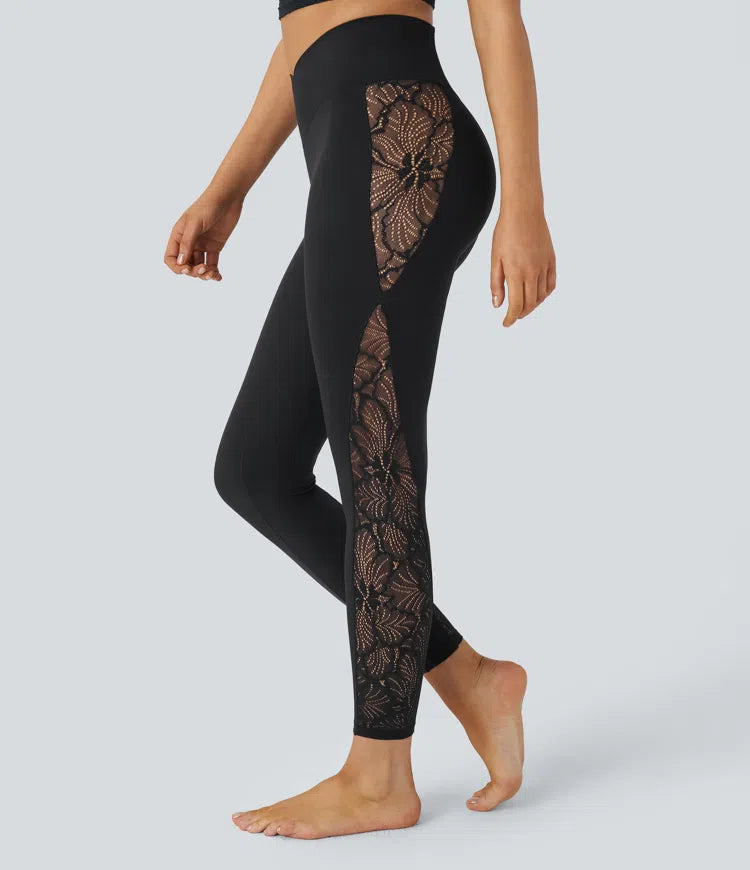 Softlyzero™ High Waisted Crossover Contrast Lace Back Pocket Yoga 7/8 Leggings-UPF50+ - PURE-YOGA