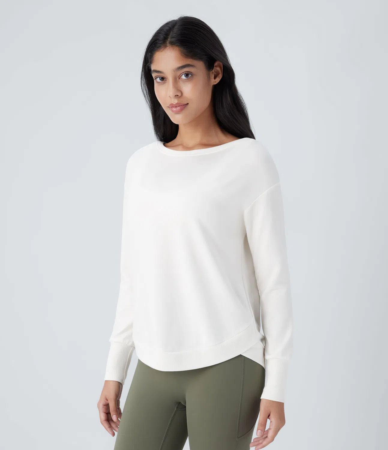 Boat Neck Long Sleeve Curved Hem Fleece Yoga Sports Top - PURE-YOGA