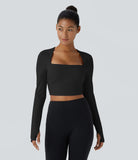 Softlyzero™ Plush Square Neck Backless Long Sleeve Thumb Hole Cropped Yoga Sports Top - PURE-YOGA