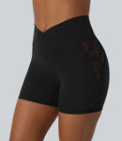 Softlyzero™ High Waisted Crossover Contrast Lace Back Pocket Yoga Biker Shorts 5''-UPF50+ - PURE-YOGA
