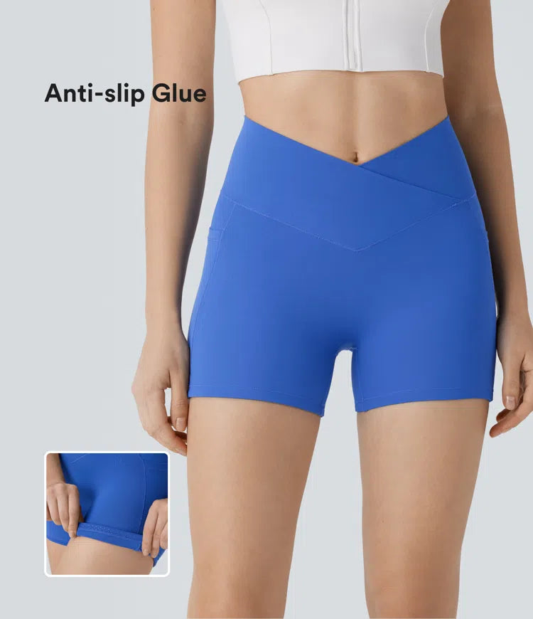 Softlyzero™ Crossover High Waisted Side Pocket Antislip Yoga Biker Shorts 3''-UPF50+ - PURE-YOGA