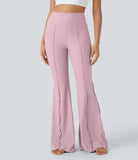 Ribbed High Waisted Lettuce Trim Back Pocket Flare Dance Leggings - PURE-YOGA