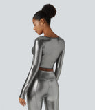 Softlyzero™ Faux Leather Deep V Neck Crossover Hem Long Sleeve Cropped Metallic Foil Print Stretchy Party Sports Top - PURE-YOGA