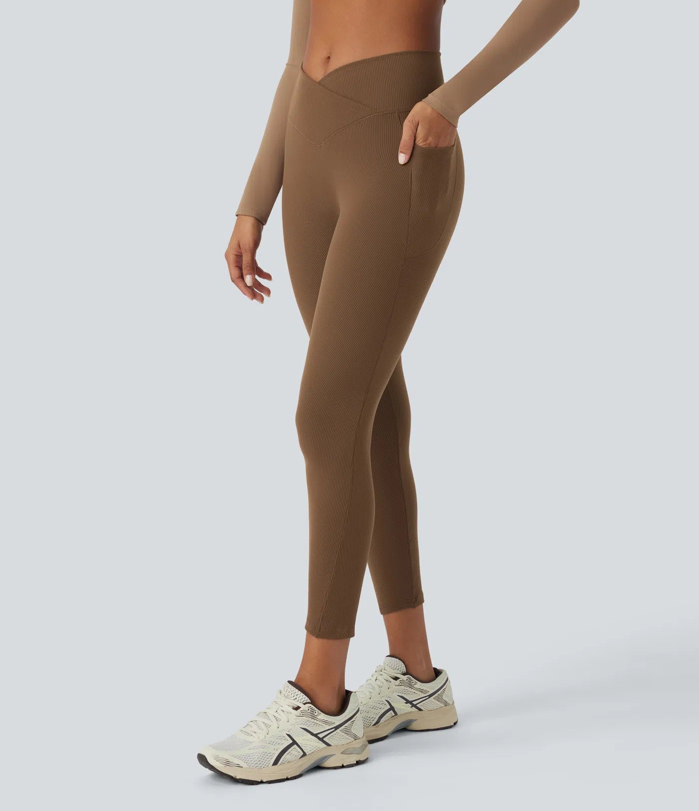 Softlyzero™ Ribbed High Waisted Tummy Control Crossover Side Pocket Plain Yoga 7/8 Leggings - PURE-YOGA