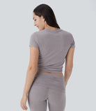 Round Neck Short Sleeve Twisted Cropped Yoga Sports Top - PURE-YOGA