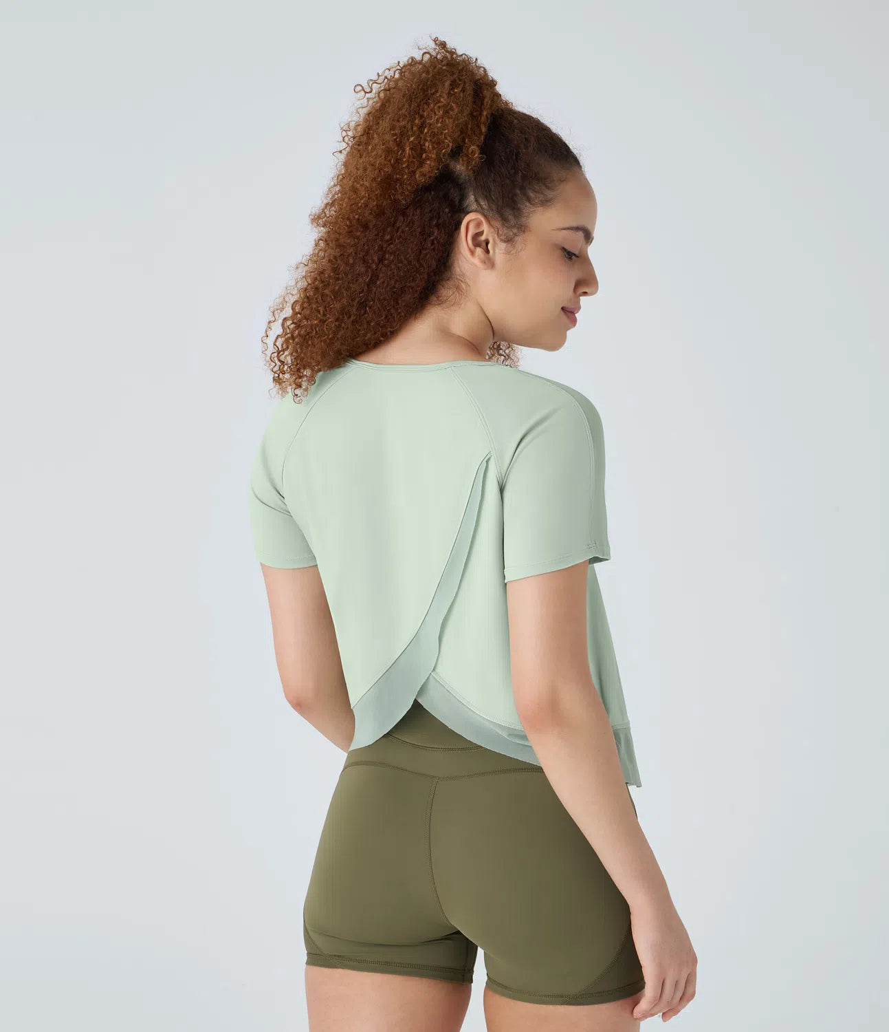 Contrast Mesh Crossover Hem Yoga Sports Top - PURE-YOGA