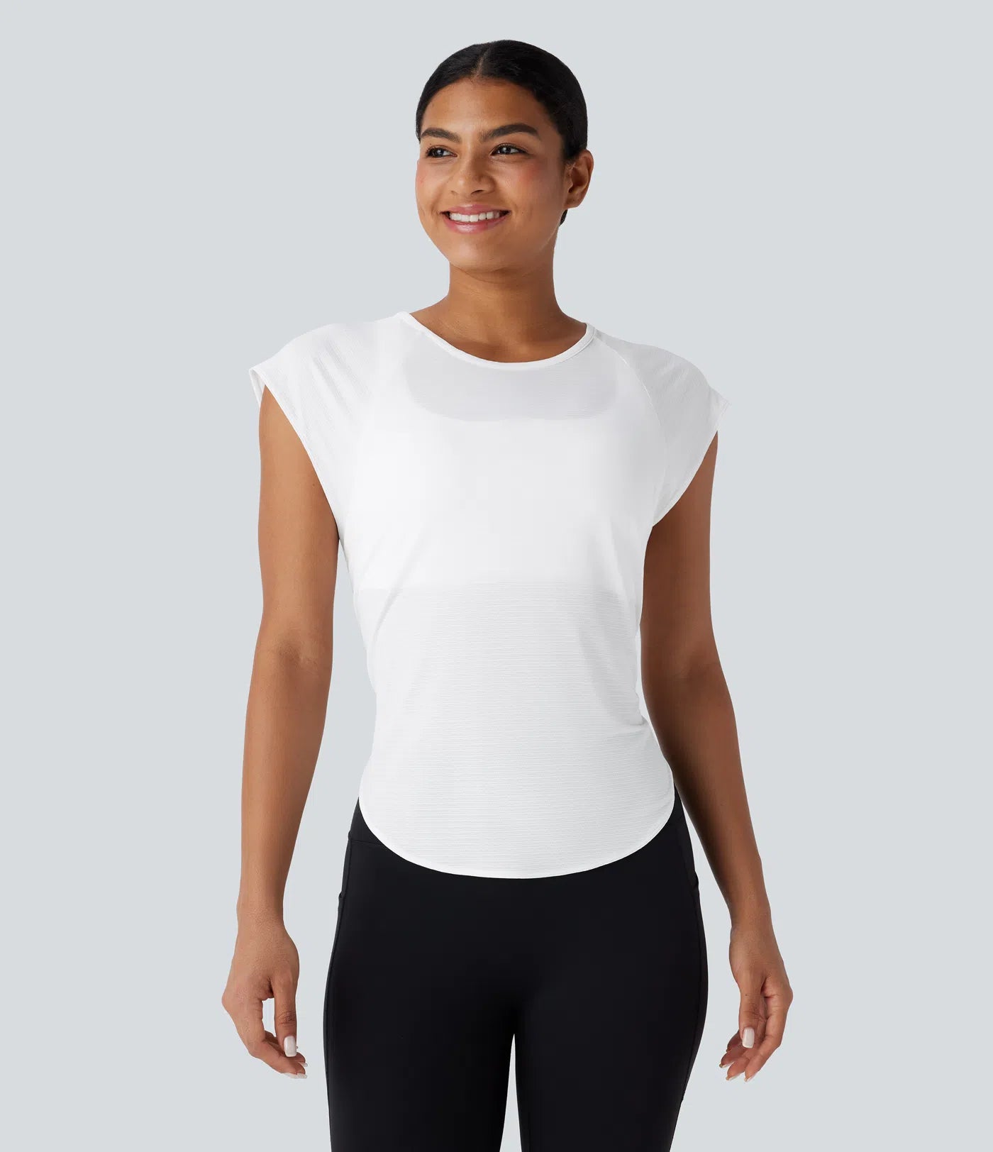 Round Neck Cap Sleeve Split Tie Back Curved Hem Yoga Sports Top - PURE-YOGA