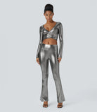 Softlyzero™ Faux Leather Deep V Neck Crossover Hem Long Sleeve Cropped Metallic Foil Print Stretchy Party Sports Top - PURE-YOGA