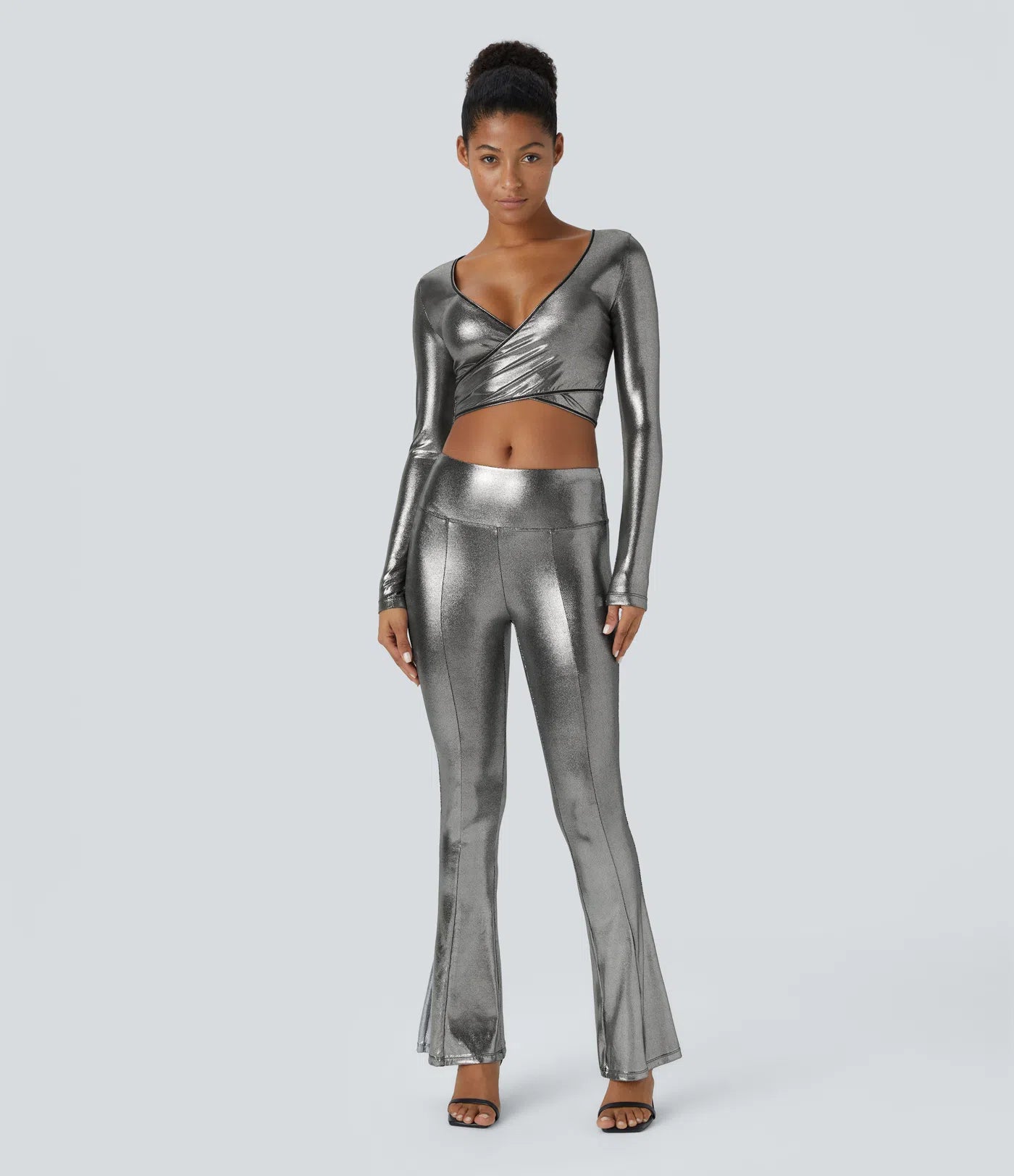 Softlyzero™ Faux Leather Deep V Neck Crossover Hem Long Sleeve Cropped Metallic Foil Print Stretchy Party Sports Top - PURE-YOGA