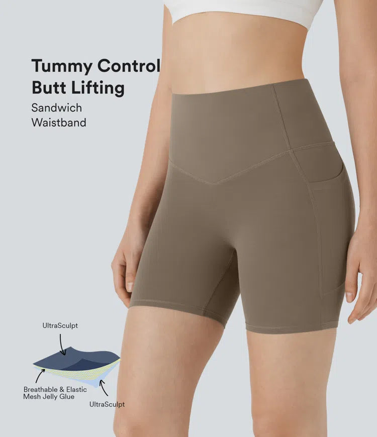 PURE-YOGA UltraSculpt™ SoCinched High Waisted Butt Lifting Tummy Control Side Pocket Shaping Training Biker Shorts 5'' - PURE-YOGA