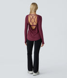Backless Cowl Back Round Neck Thumb Hole Curved Hem Yoga Sports Top - PURE-YOGA
