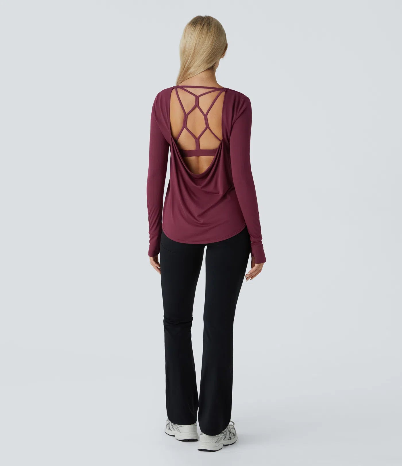 Backless Cowl Back Round Neck Thumb Hole Curved Hem Yoga Sports Top - PURE-YOGA