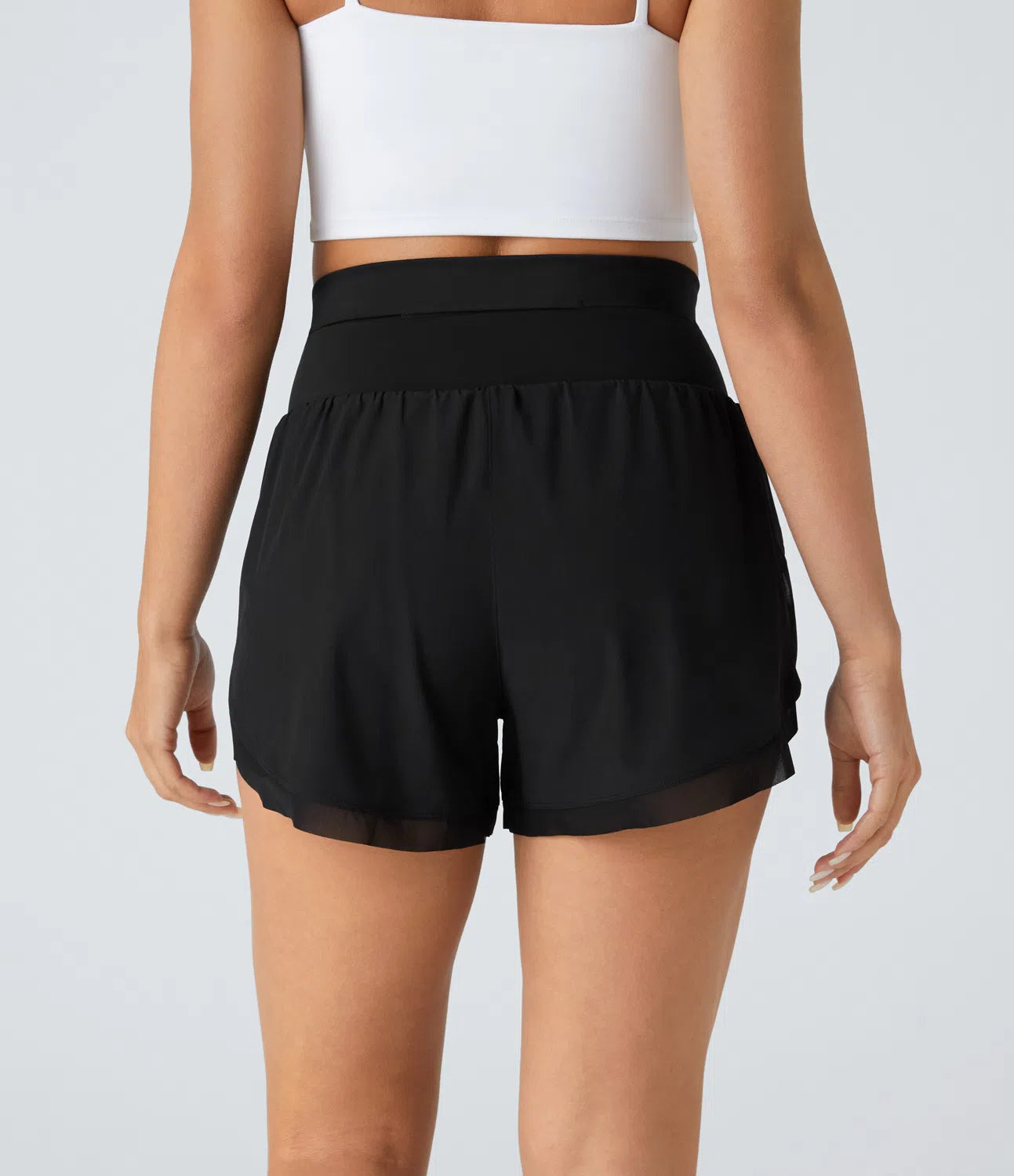 Breezeful™ High Waisted Pocket Contrast Mesh Curved Hem 2-in-1 Quick Dry Running Shorts - PURE-YOGA