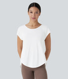 Backless Cowl Back Short Sleeve Curved Hem Yoga Sports Top - PURE-YOGA