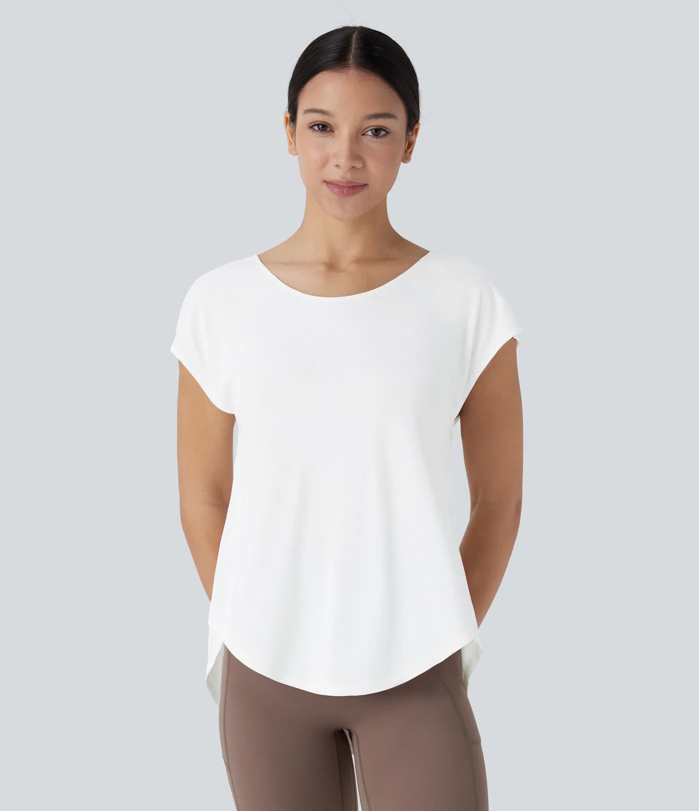 Backless Cowl Back Short Sleeve Curved Hem Yoga Sports Top - PURE-YOGA