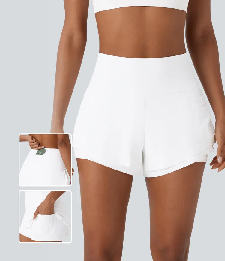 Softlyzero™ Airy High Waisted Ruched Multiple Pockets Curved Hem 2-in-1 Cool Touch Yoga Shorts - PURE-YOGA