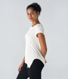 Sheer Round Neck Short Sleeve Split Asymmetric Hem Jacquard Yoga Sports Top - PURE-YOGA