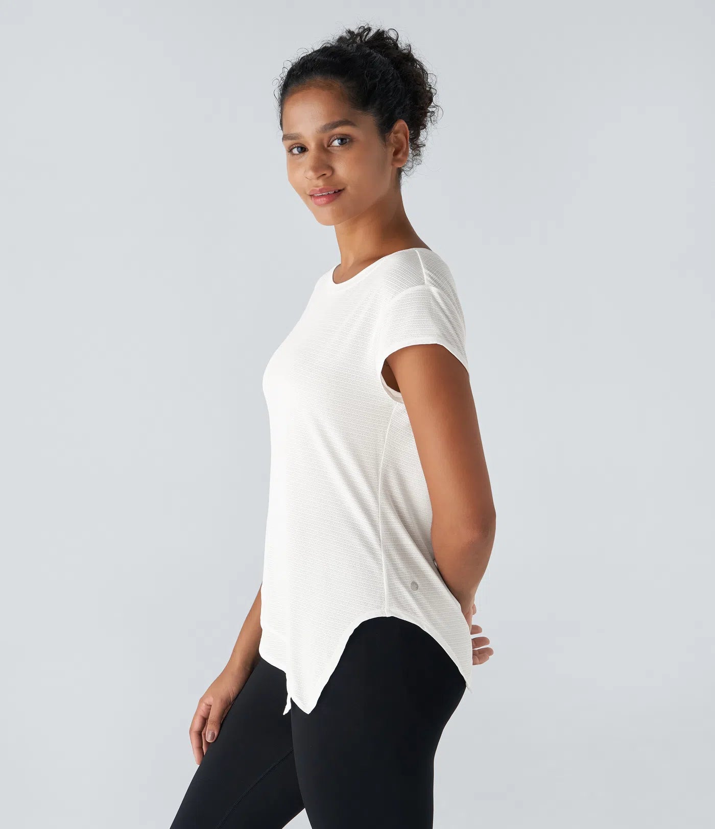 Sheer Round Neck Short Sleeve Split Asymmetric Hem Jacquard Yoga Sports Top - PURE-YOGA