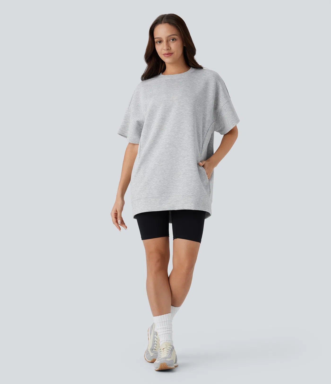 Round Neck Short Sleeve Side Pocket Oversize Casual Sports Top - PURE-YOGA