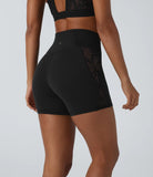 Softlyzero™ High Waisted Crossover Contrast Lace Back Pocket Yoga Biker Shorts 5''-UPF50+ - PURE-YOGA
