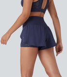 Breezeful™ High Waisted Crossover 2-in-1 Side Pocket Contrast Lace Quick Dry Yoga Shorts 3'' - PURE-YOGA