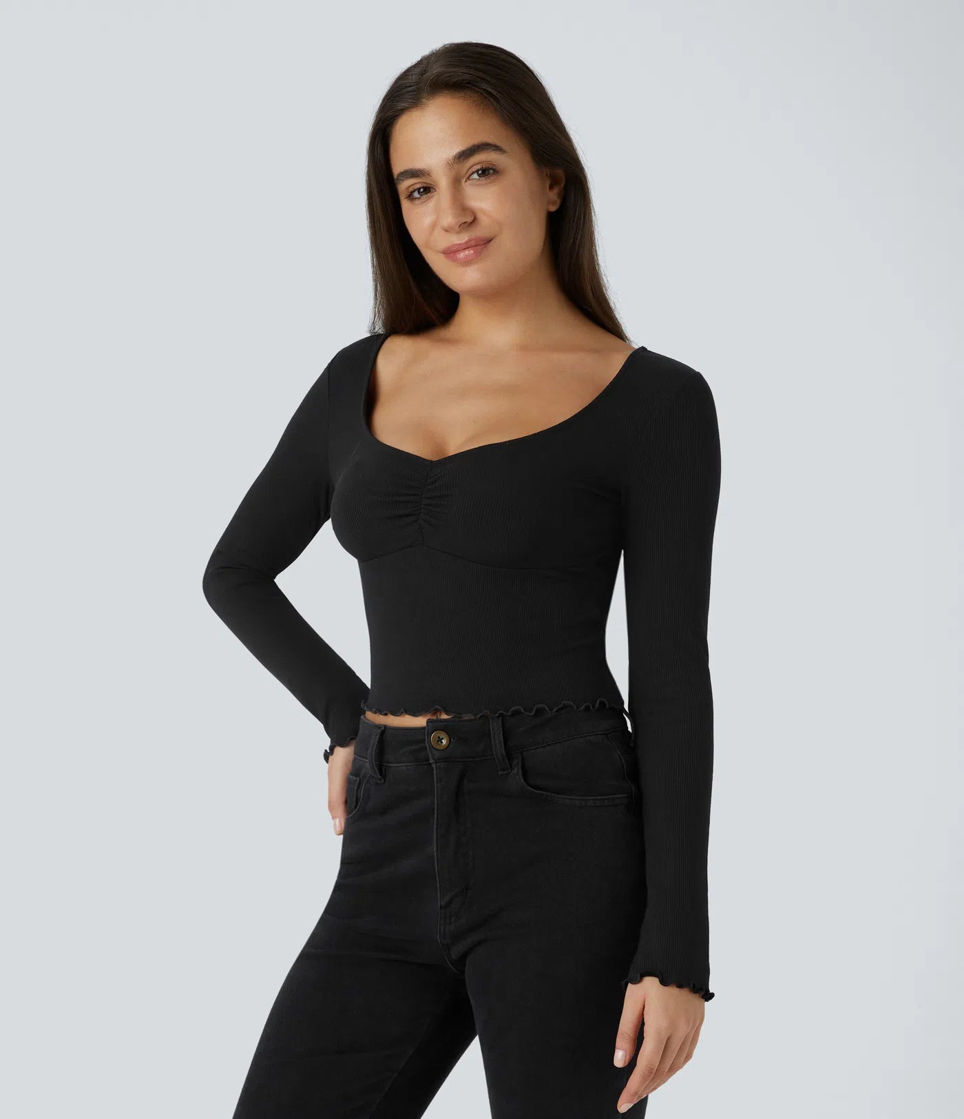 Ribbed Knit Frill Ruched Long Sleeve Cropped Casual Sports Top - PURE-YOGA