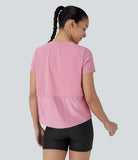 Round Neck Short Sleeve Patchwork Quick Dry Running Sports Top - PURE-YOGA