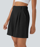 High Waisted Side Pocket Wide Leg Casual Linen-Feel Bermuda Shorts - PURE-YOGA