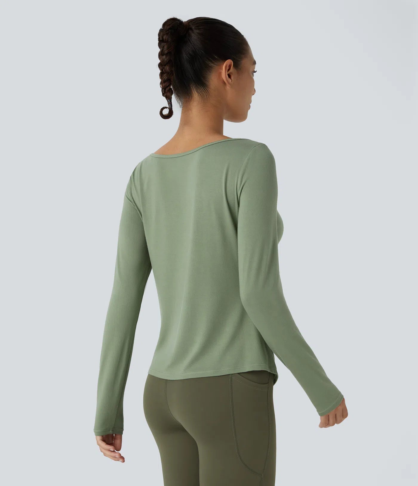 Scoop Neck Long Sleeve Ruched Split Hem Slim Yoga Sports Top - PURE-YOGA