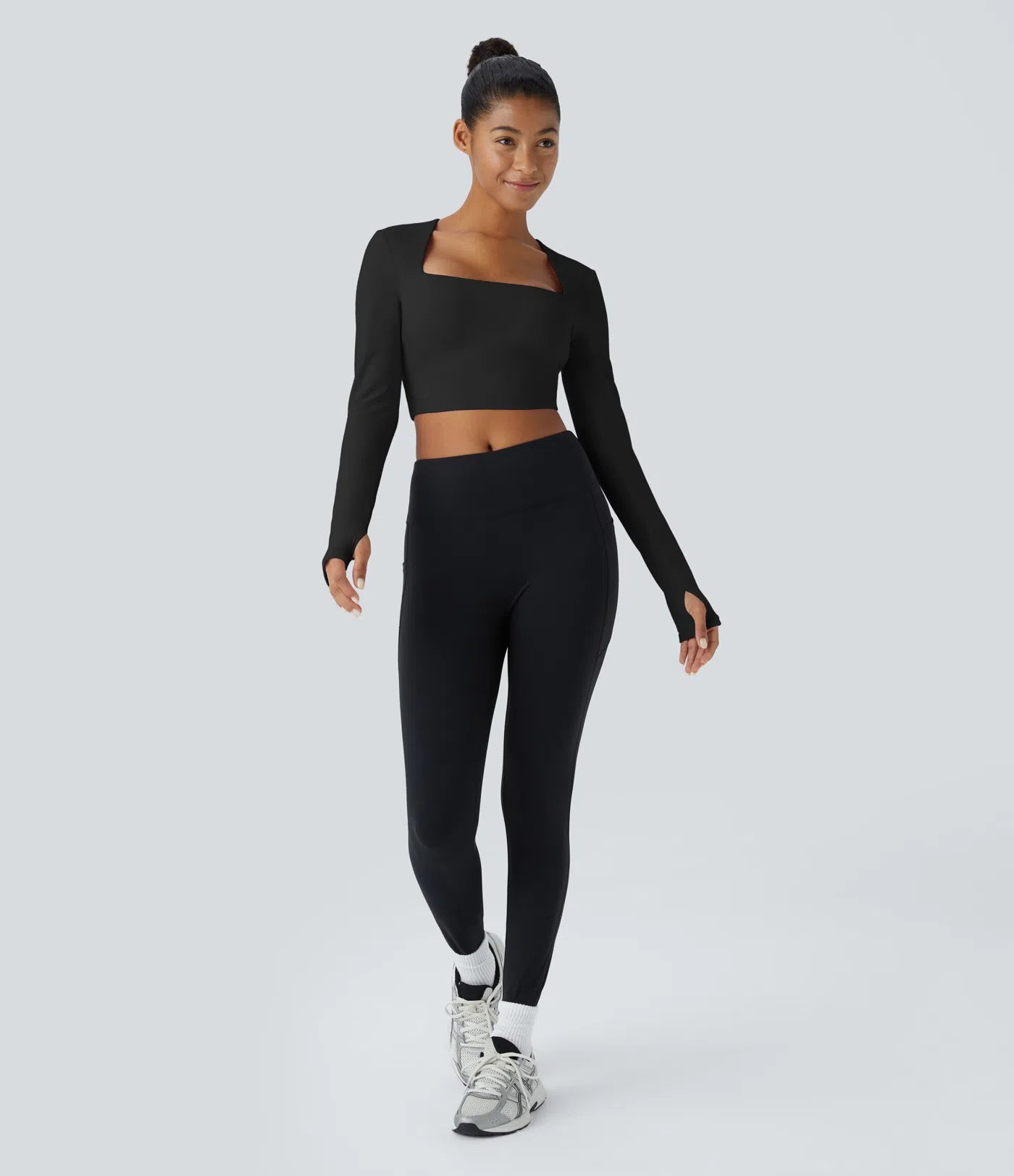 Softlyzero™ Plush Square Neck Backless Long Sleeve Thumb Hole Cropped Yoga Sports Top - PURE-YOGA