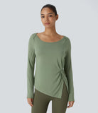 Scoop Neck Long Sleeve Ruched Split Hem Slim Yoga Sports Top - PURE-YOGA