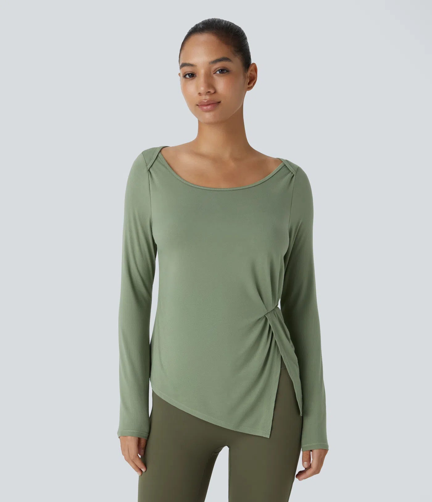 Scoop Neck Long Sleeve Ruched Split Hem Slim Yoga Sports Top - PURE-YOGA