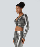 Softlyzero™ Faux Leather Deep V Neck Crossover Hem Long Sleeve Cropped Metallic Foil Print Stretchy Party Sports Top - PURE-YOGA