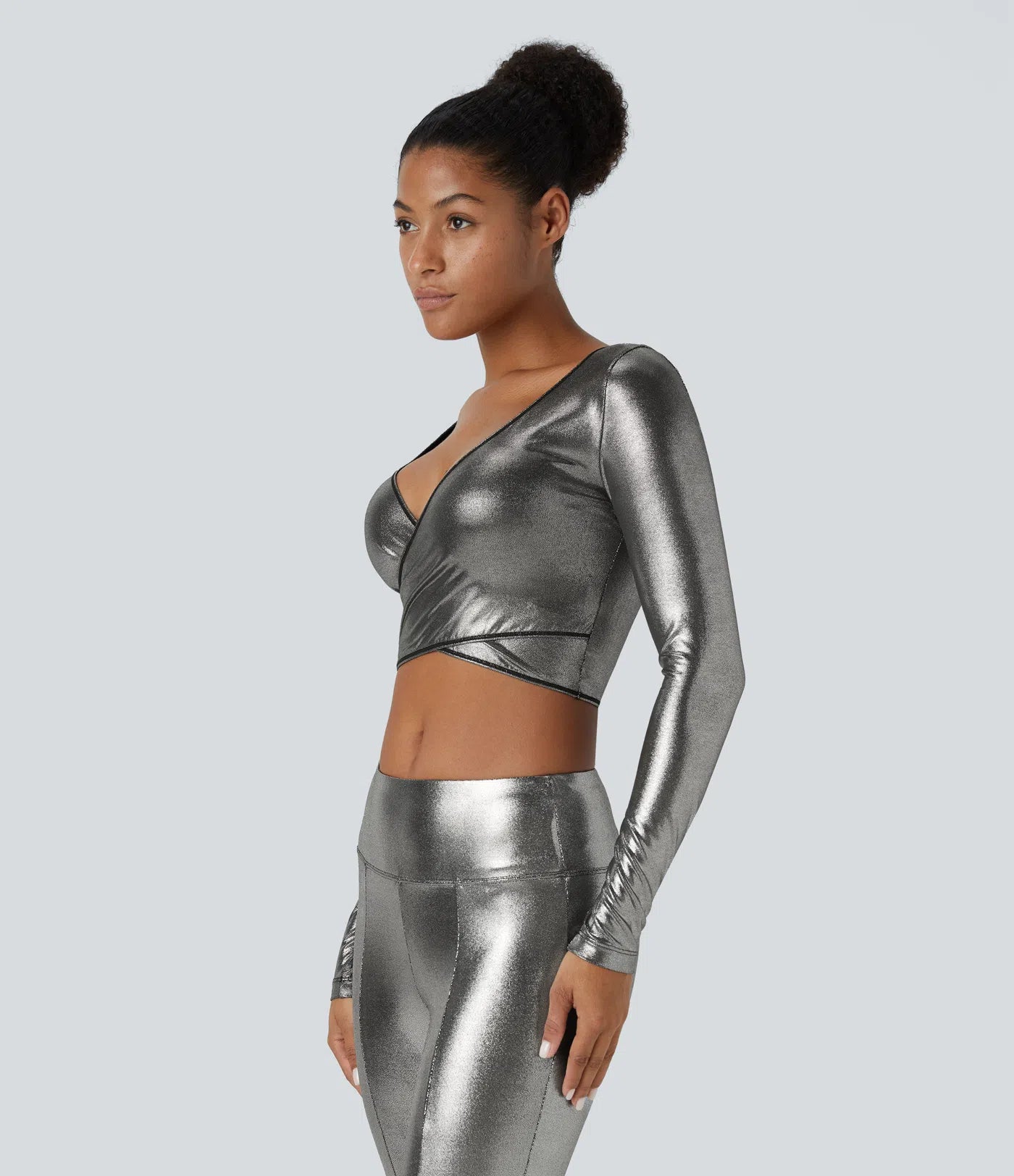 Softlyzero™ Faux Leather Deep V Neck Crossover Hem Long Sleeve Cropped Metallic Foil Print Stretchy Party Sports Top - PURE-YOGA