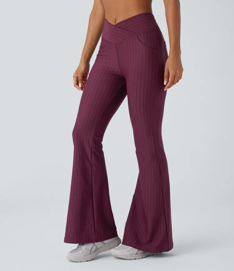 Crossover High Waisted Multiple Pockets Stripe Flare Cool Touch Yoga Leggings - PURE-YOGA