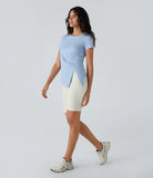 Ruched Asymmetric Split High Low Yoga Sports Top - PURE-YOGA