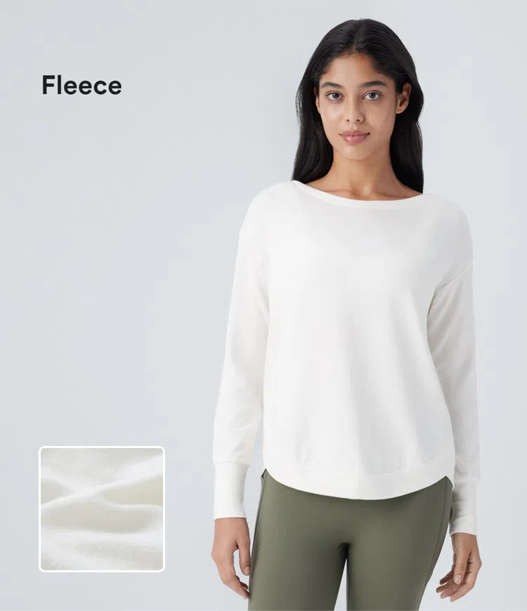 Boat Neck Long Sleeve Curved Hem Fleece Yoga Sports Top - PURE-YOGA