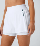 Breezeful™ High Waisted Contrast Mesh Pleated 2-in-1 Side Pocket Quick Dry Golf Shorts-Golf Tee Pocket - PURE-YOGA