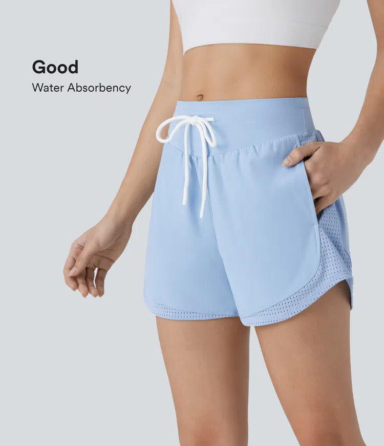 High Waisted Drawstring Side Pocket Cut Out Curved Hem Quick Dry Running Shorts 3'' - PURE-YOGA