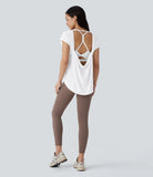 Backless Cowl Back Short Sleeve Curved Hem Yoga Sports Top - PURE-YOGA