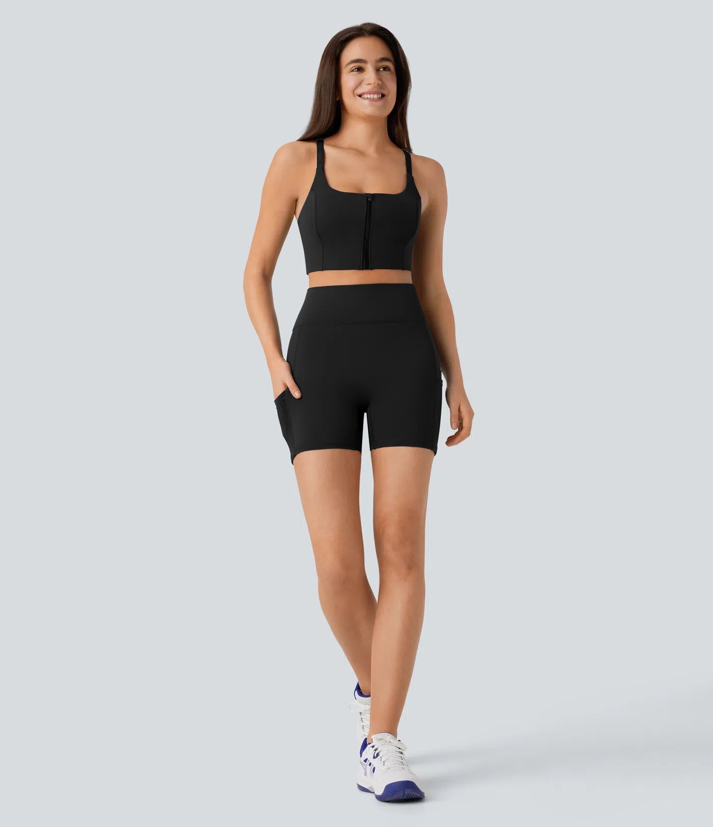 High Waisted Multiple Pockets Contrast Mesh Yoga Biker Shorts 5'' - PURE-YOGA