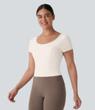 Softlyzero™ Plush U Neck Short Sleeve Backless Crossover Contrast Mesh Yoga Sports Top - PURE-YOGA